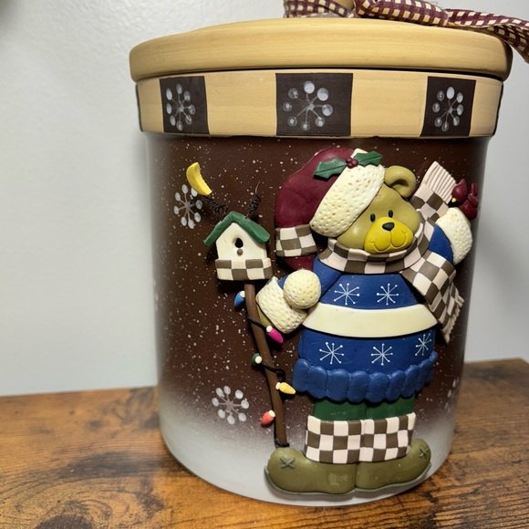 Vintage Holiday 3D Santa Hat Teddy Bear Stoneware Cookie Jar Christmas Winter - Picture 2 of 14